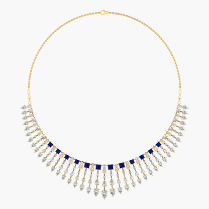 Gold necklace with blue and clear stones on a white background, branded 'Green Lab'.