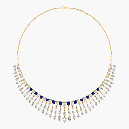 Gold necklace with blue and clear stones on a white background, branded 'Green Lab'.
