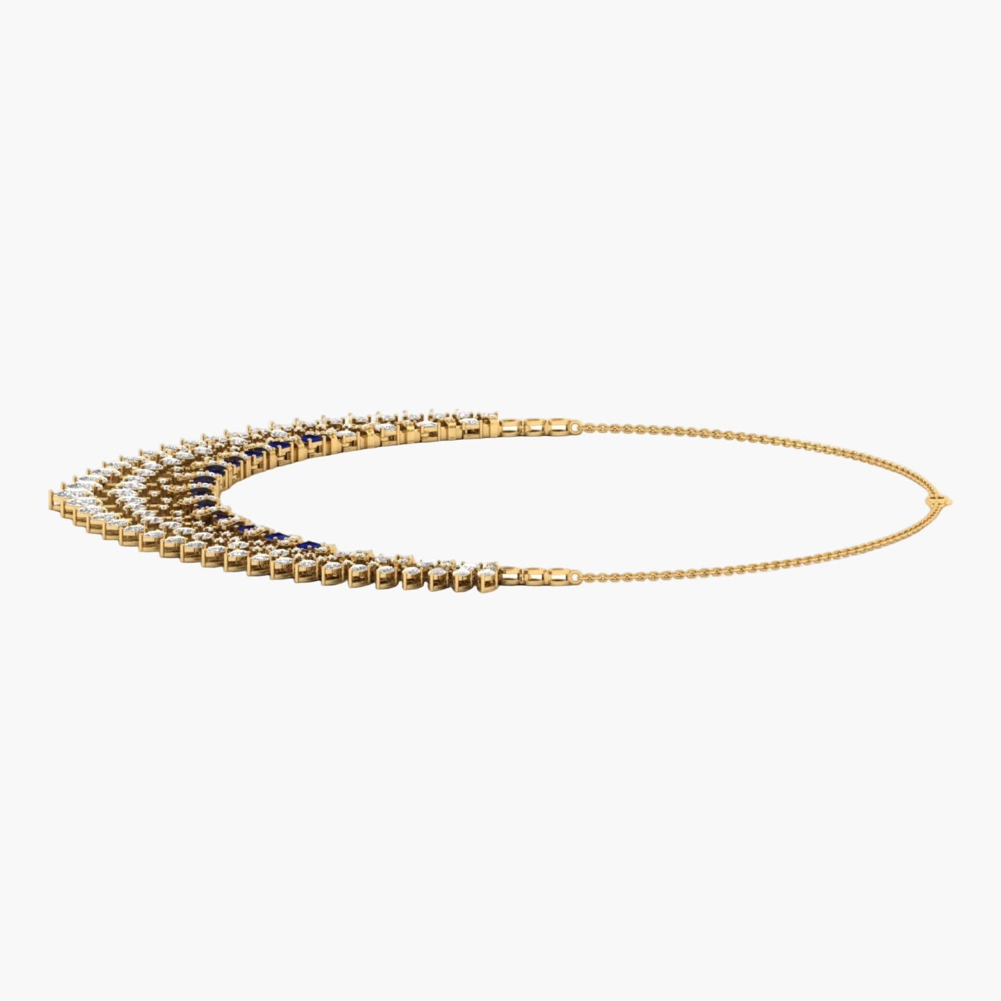 Gold necklace with blue stones on a white background