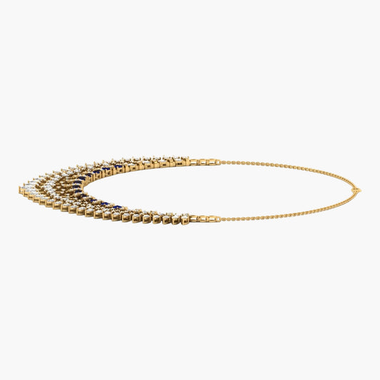 Gold necklace with blue stones on a white background