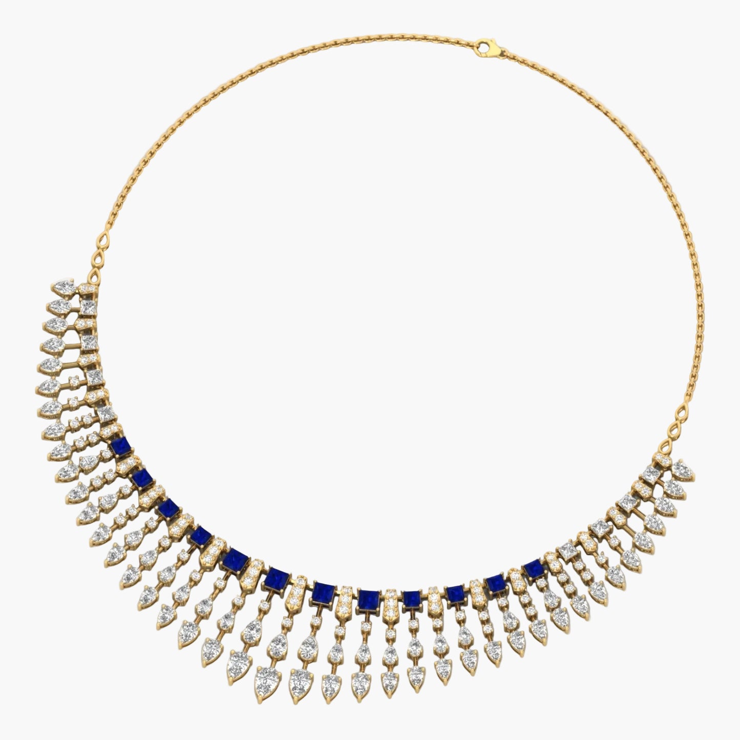 Gold necklace with blue and clear stones on a white background, branded 'Green Lab'.