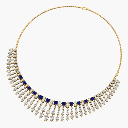Gold necklace with blue and clear stones on a white background, branded 'Green Lab'.