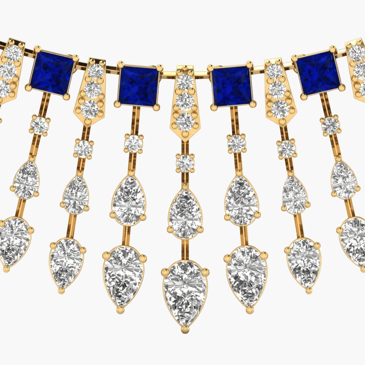 Gold necklace with blue and clear gemstones on a white background