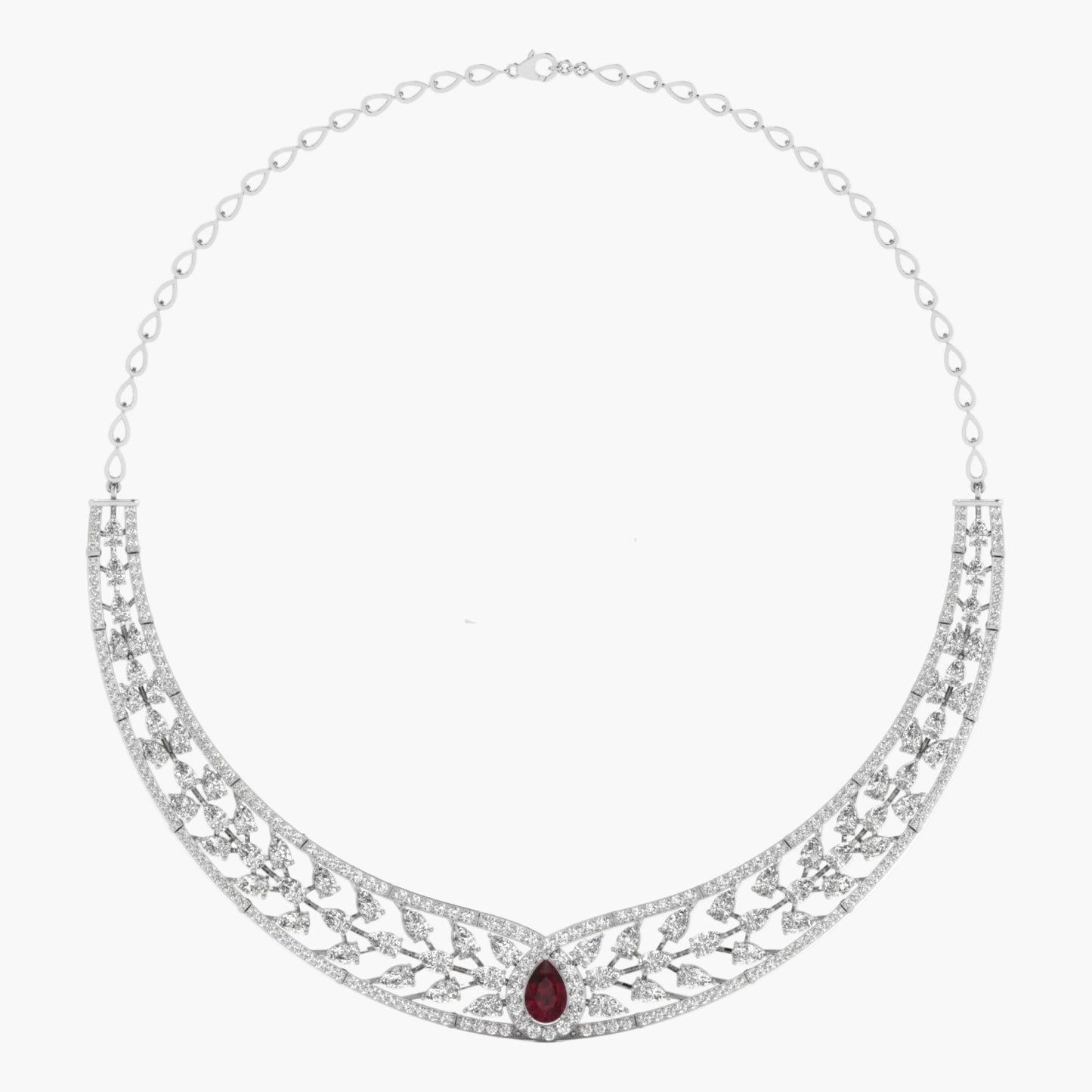 Silver necklace with a red gemstone on a white background, branded 'Green Lab'.