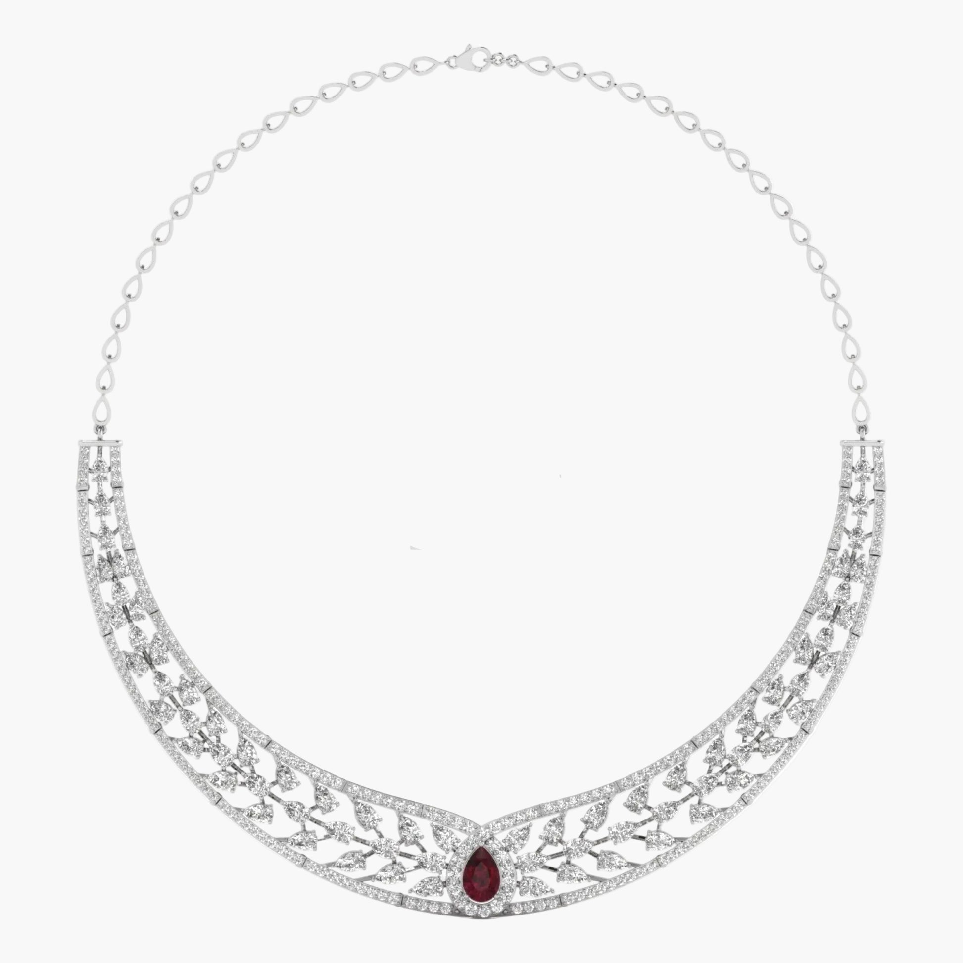 Silver necklace with a red gemstone on a white background, branded 'Green Lab'.