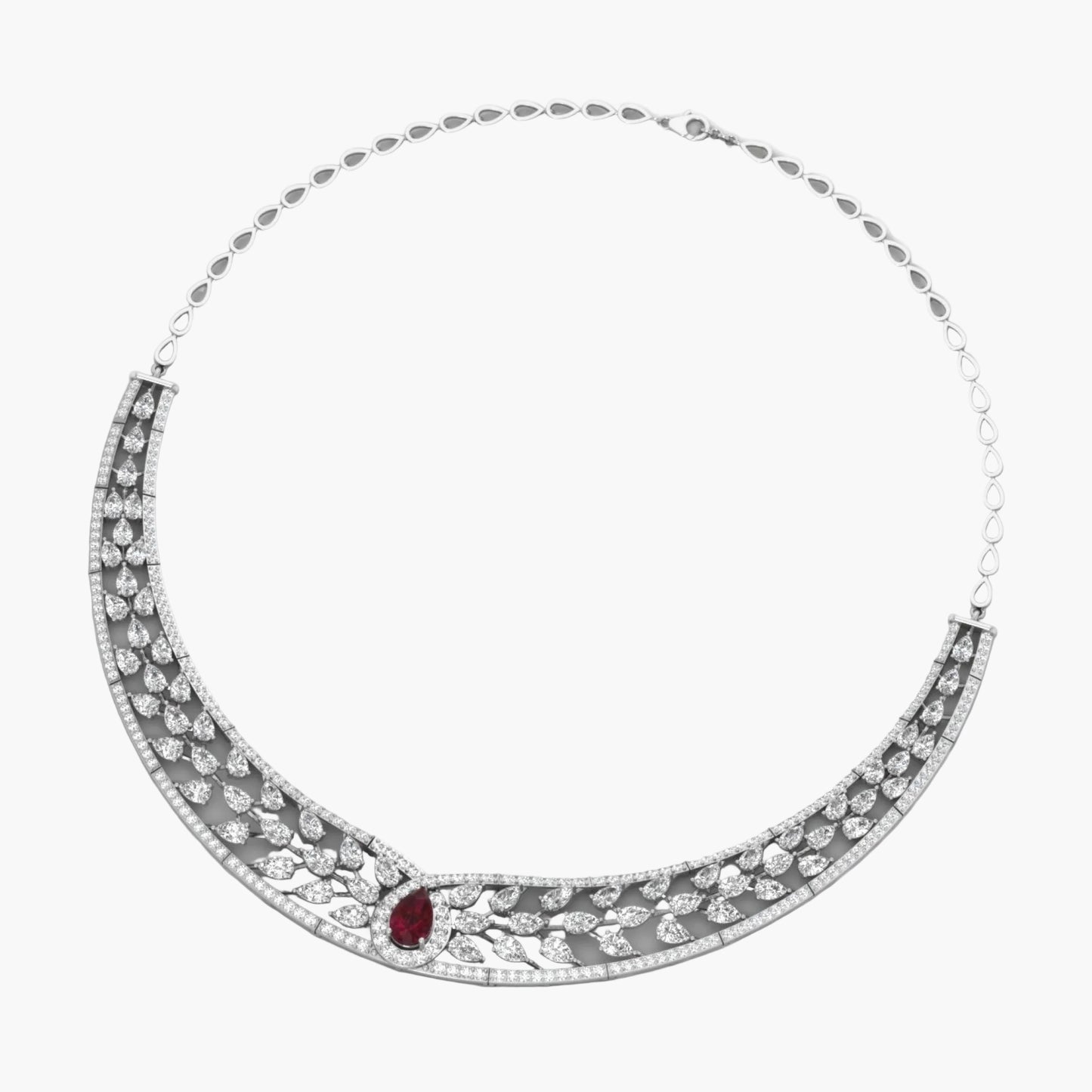 Silver necklace with red gemstone on a white background, branded 'Green Lab'.
