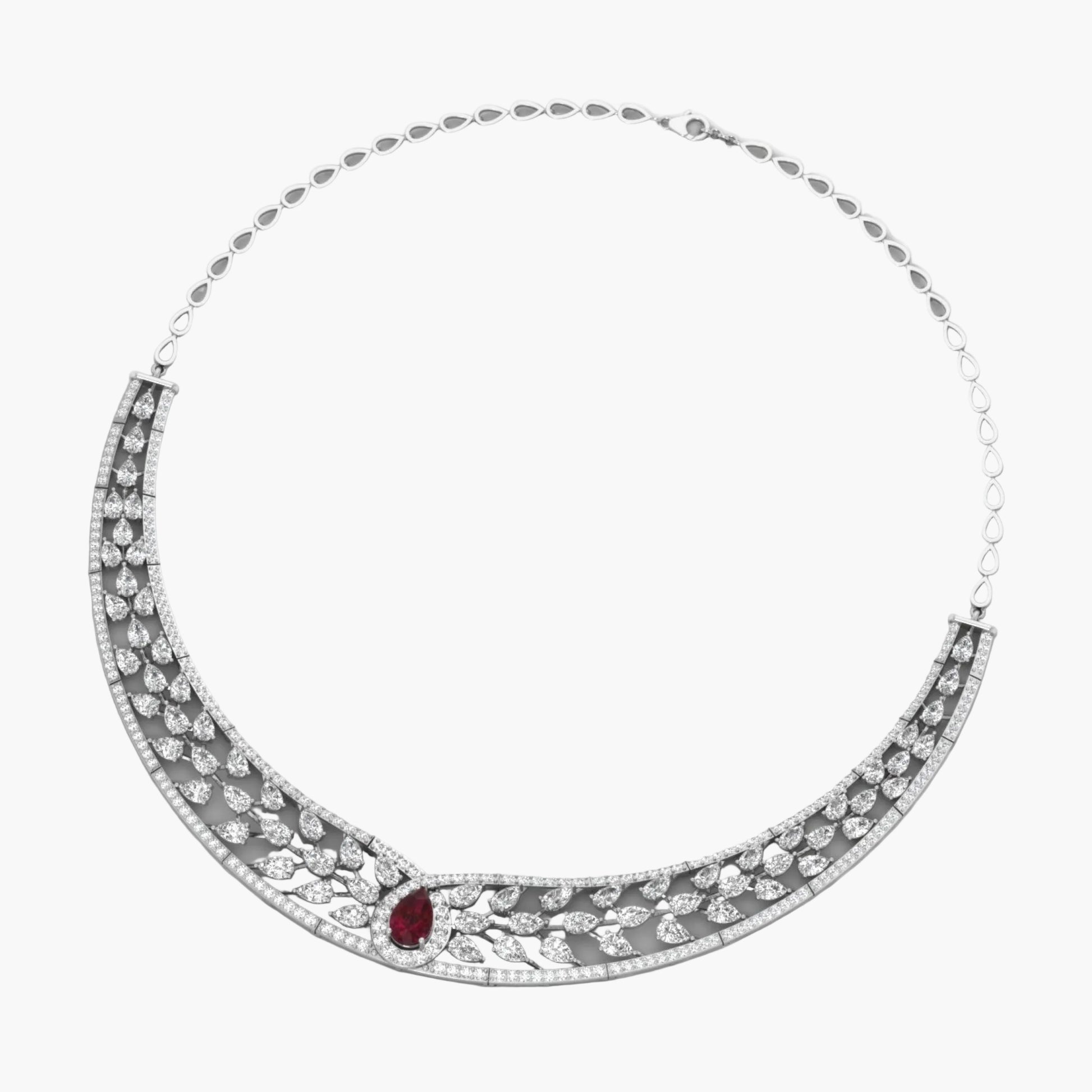 Silver necklace with red gemstone on a white background, branded 'Green Lab'.