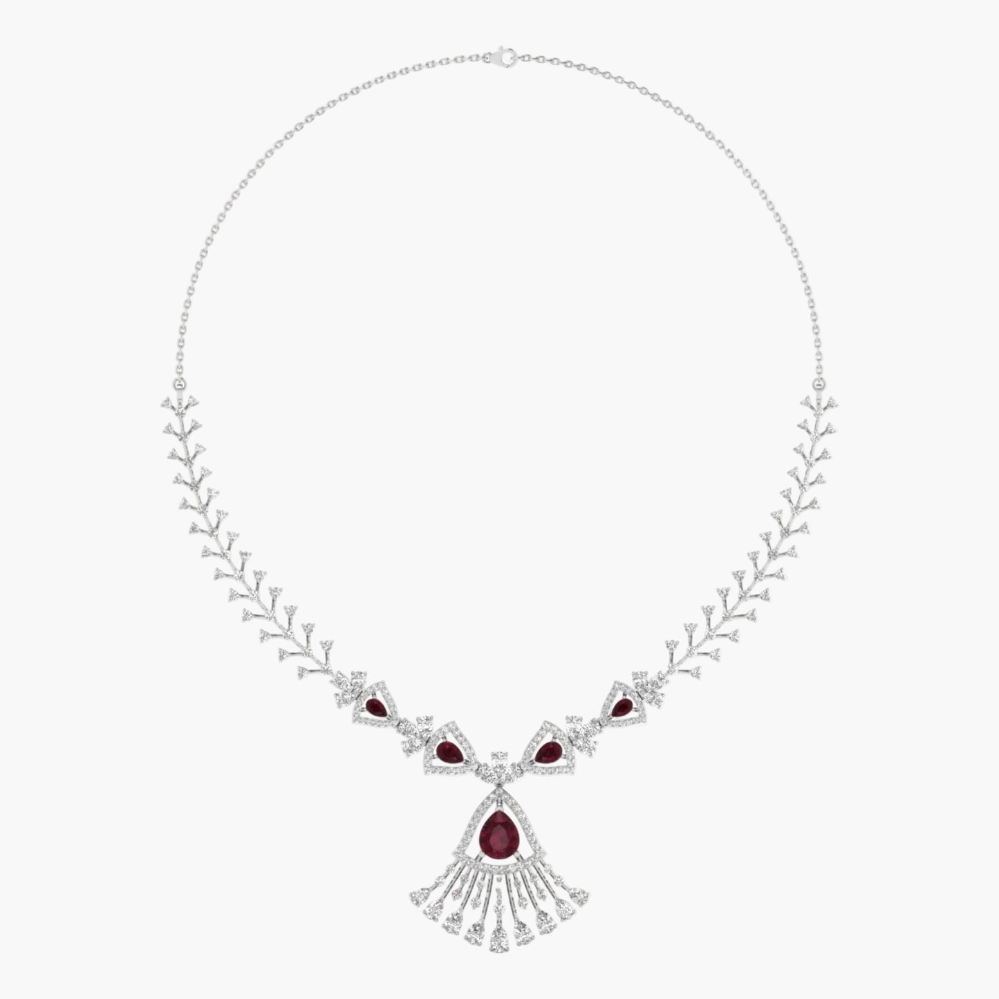 Elegant necklace with red gemstones and silver accents on a white background, featuring 'Green Lab' branding.