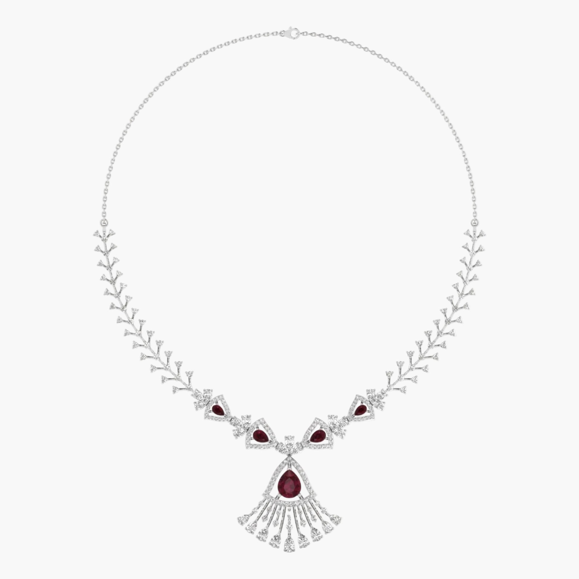 Elegant necklace with red gemstones and silver accents on a white background, featuring 'Green Lab' branding.