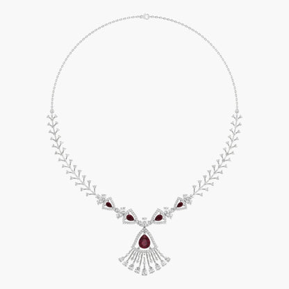 Elegant necklace with red gemstones and silver accents on a white background, featuring 'Green Lab' branding.