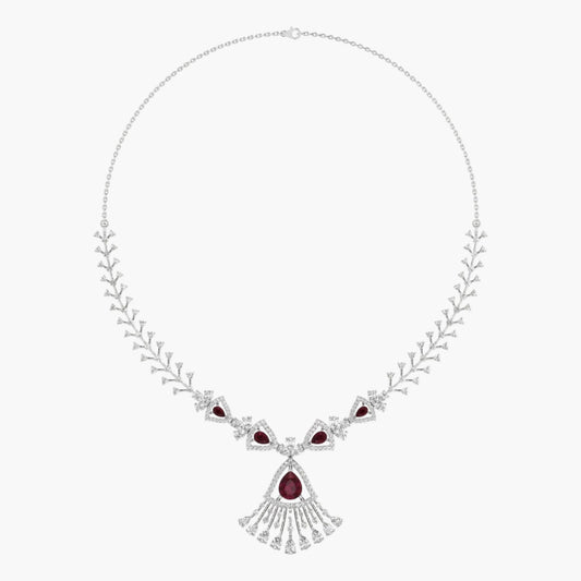 Elegant necklace with red gemstones and silver accents on a white background, featuring 'Green Lab' branding.