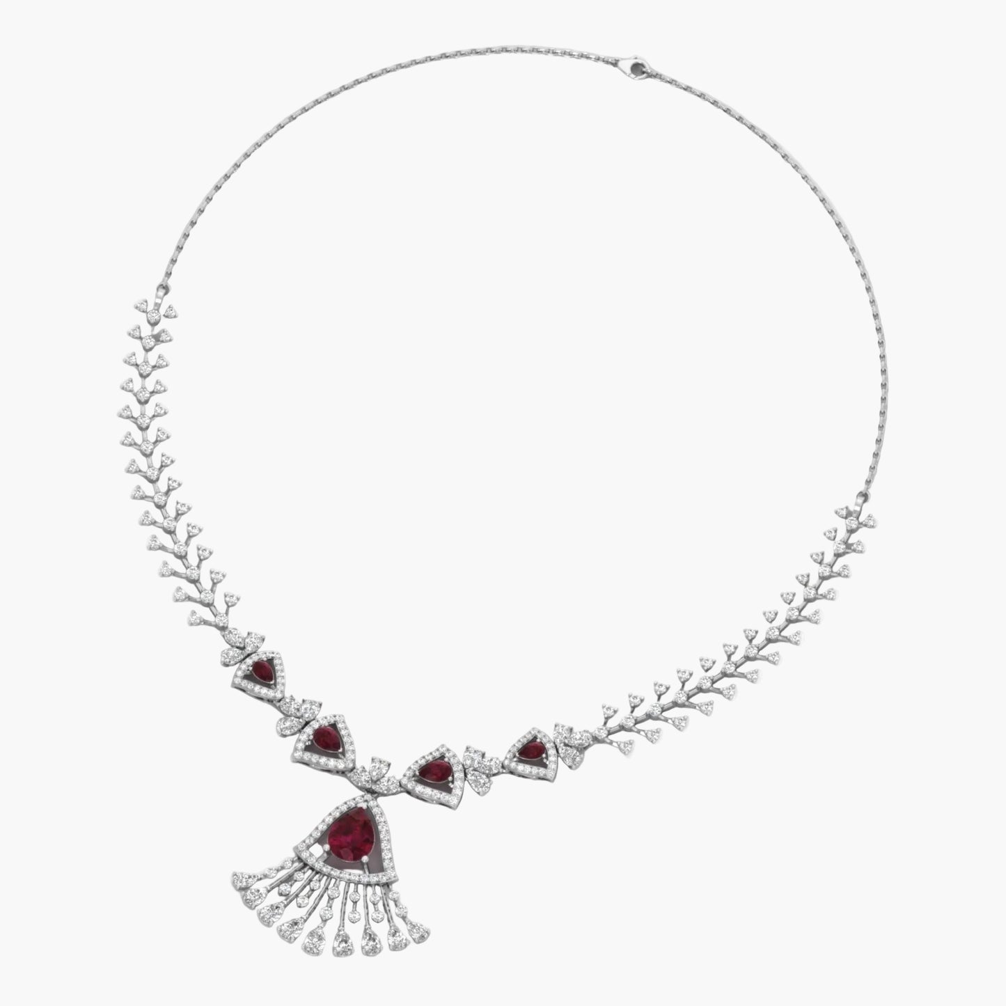 Elegant necklace with red gemstones and silver accents on a white background, branded 'Green Lab'.