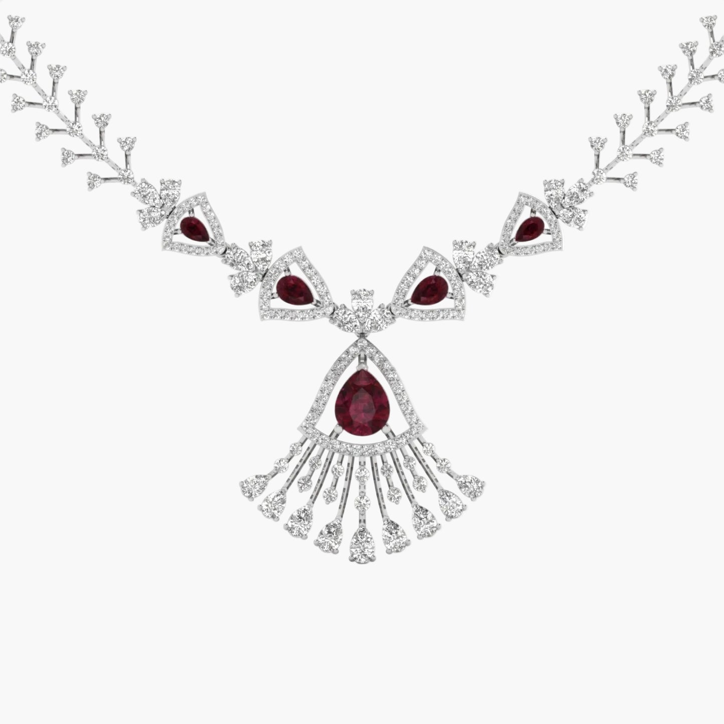 Elegant necklace with red gemstones and diamond-like elements on a white background