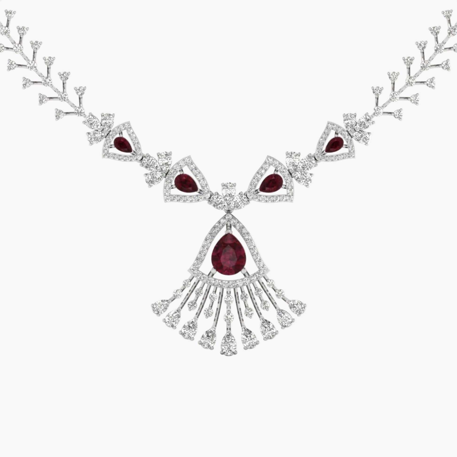 Elegant necklace with red gemstones and diamond-like elements on a white background