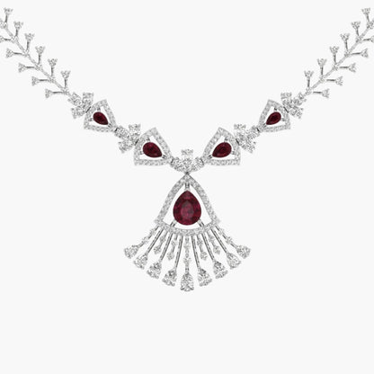Elegant necklace with red gemstones and diamond-like elements on a white background