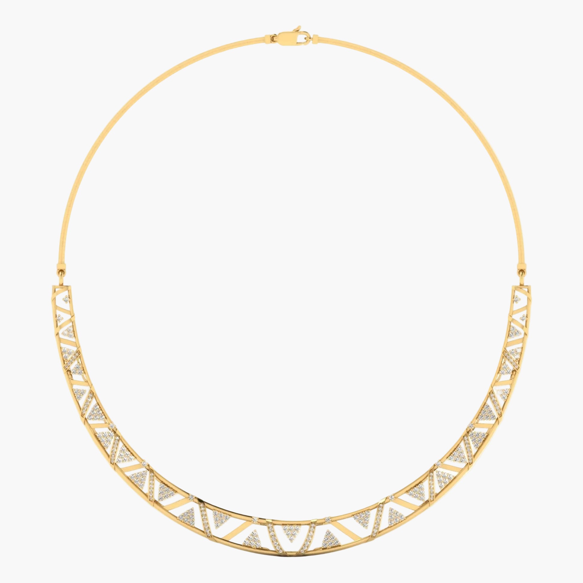 Gold necklace with geometric design on a white background, branded 'Green Lab'.