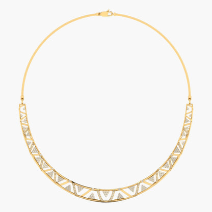 Gold necklace with geometric design on a white background, branded 'Green Lab'.