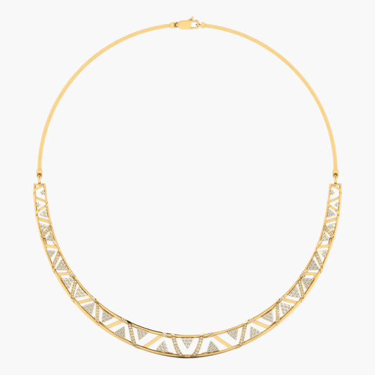 Gold necklace with geometric design on a white background, branded 'Green Lab'.
