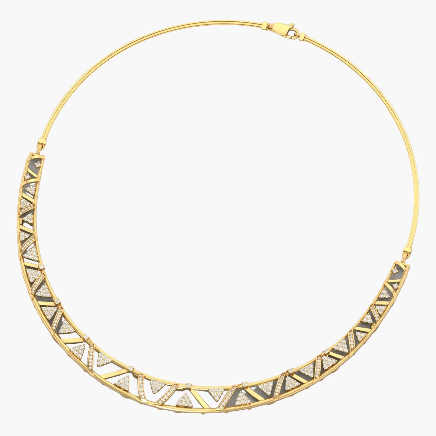 Gold necklace with geometric pattern on a white background, branded 'Green Lab'.