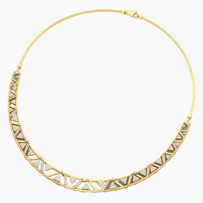 Gold necklace with geometric pattern on a white background, branded 'Green Lab'.