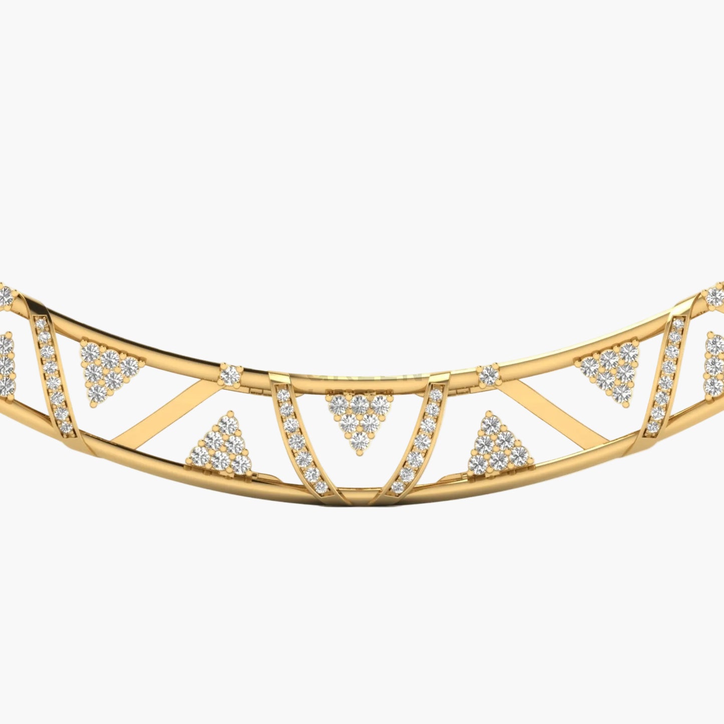Gold necklace with geometric design on a white background