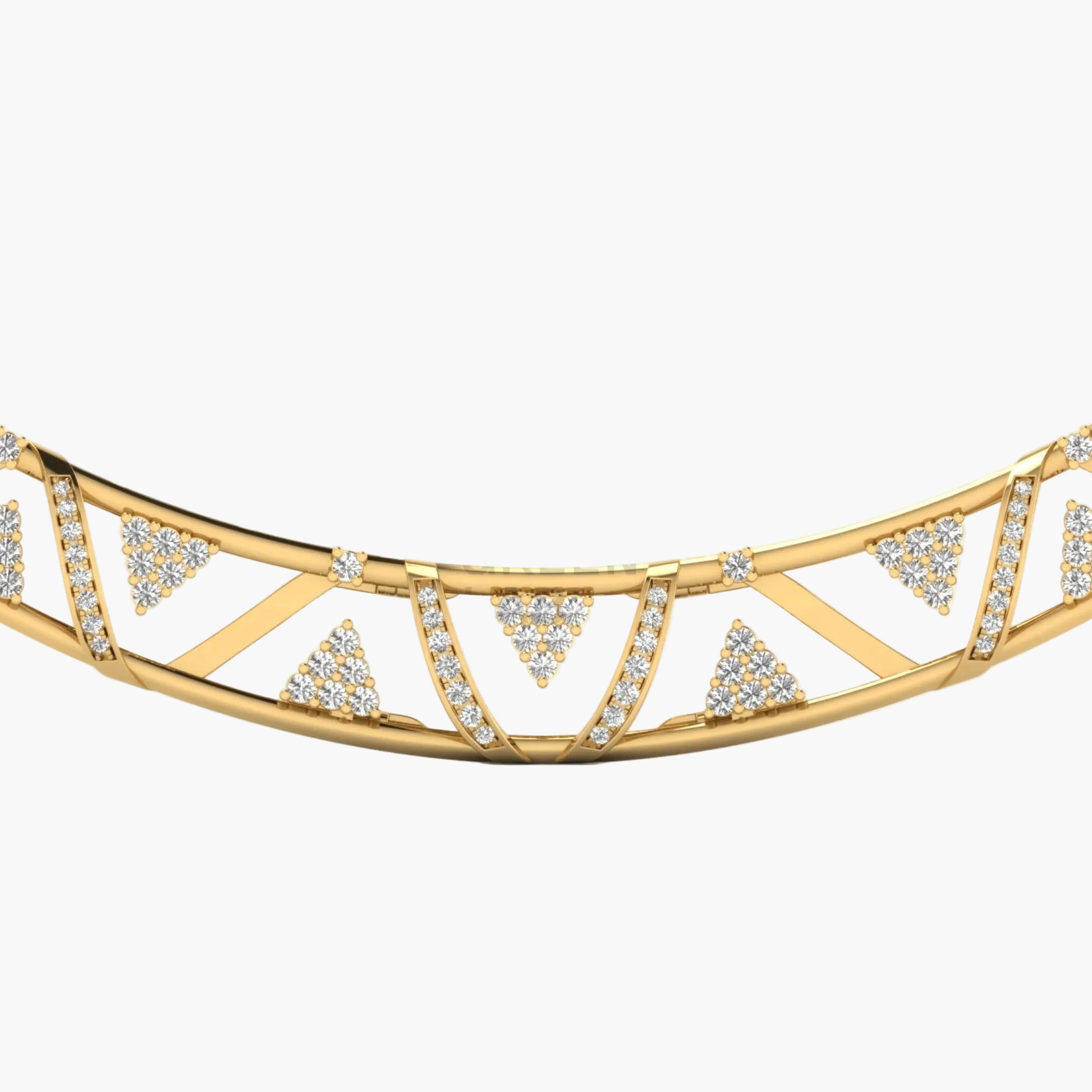 Gold necklace with geometric design on a white background