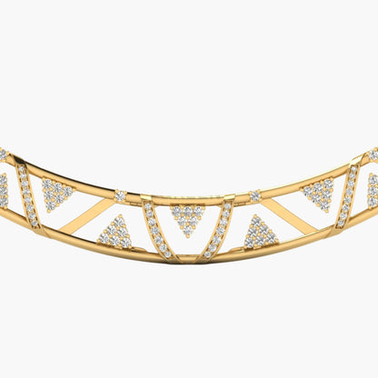 Gold necklace with geometric design on a white background