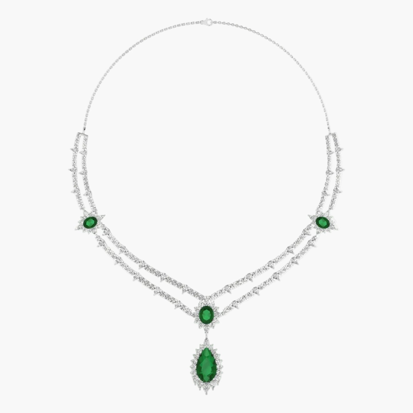 Elegant necklace with green gemstones on a white background