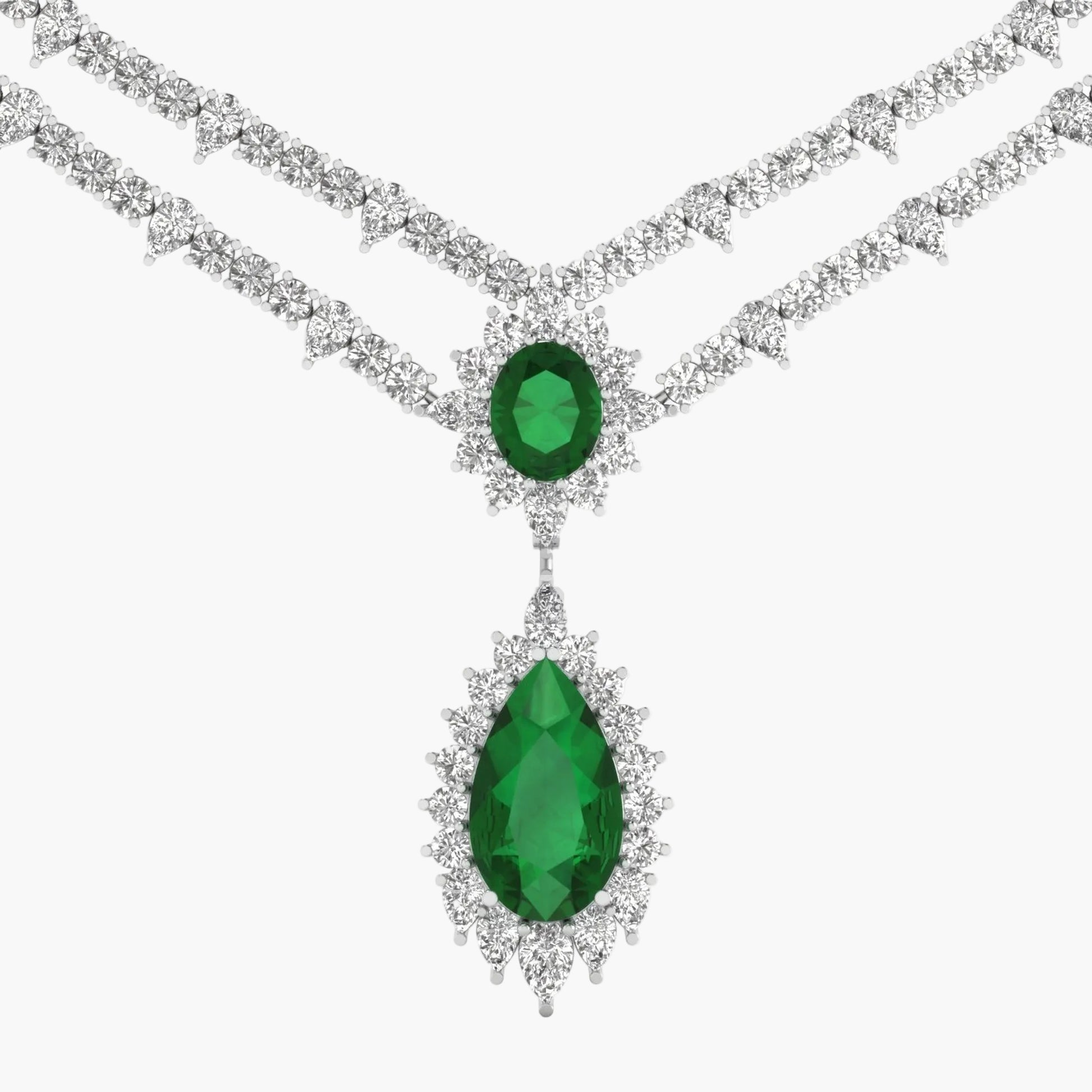 Elegant necklace with emerald green gemstones on a white background