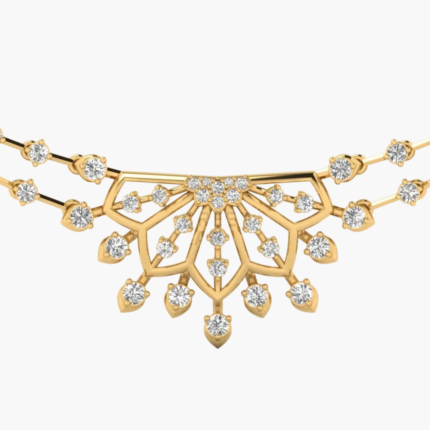 Gold necklace with diamond accents on a white background
