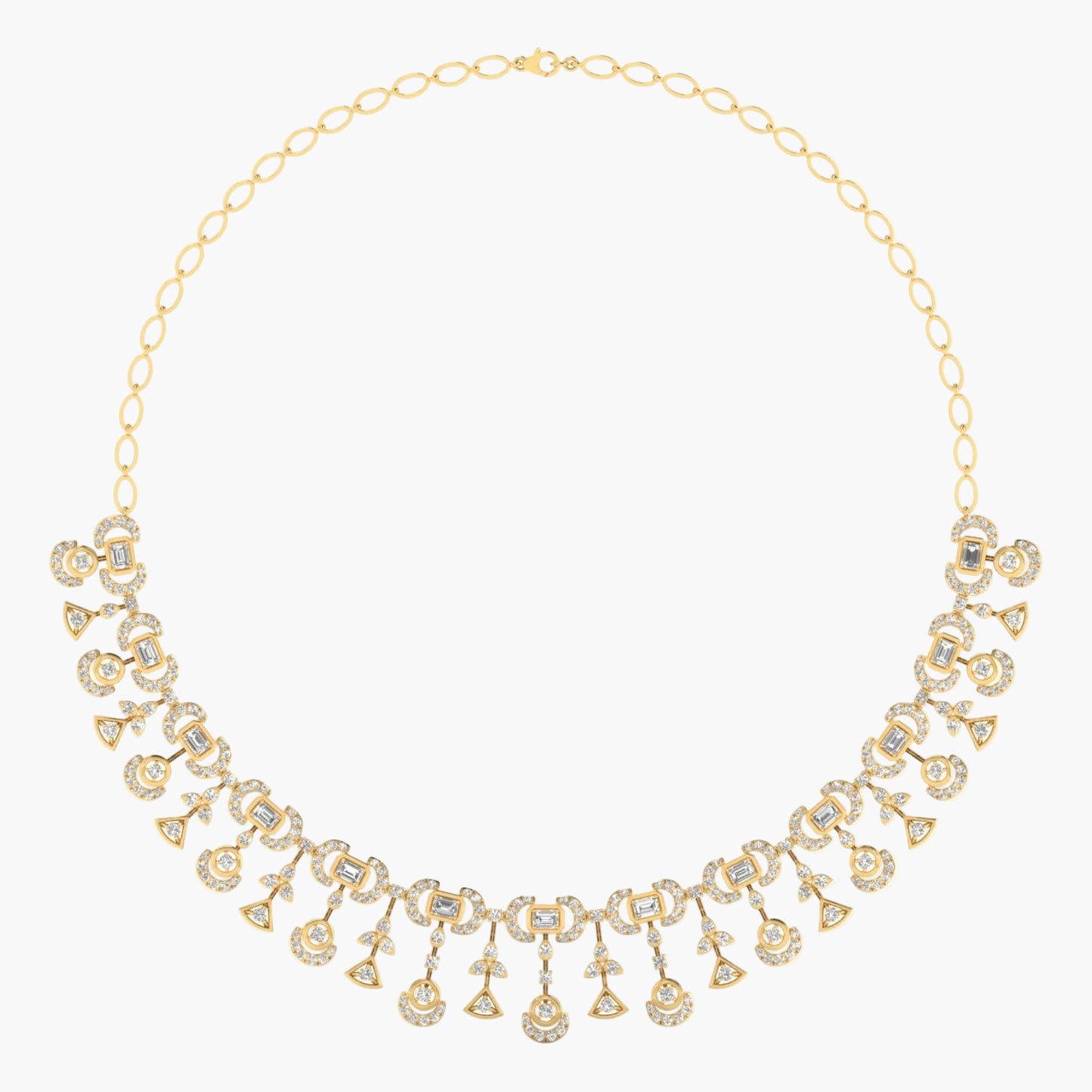 Gold necklace with intricate design on a white background, branded 'Green Lab'.