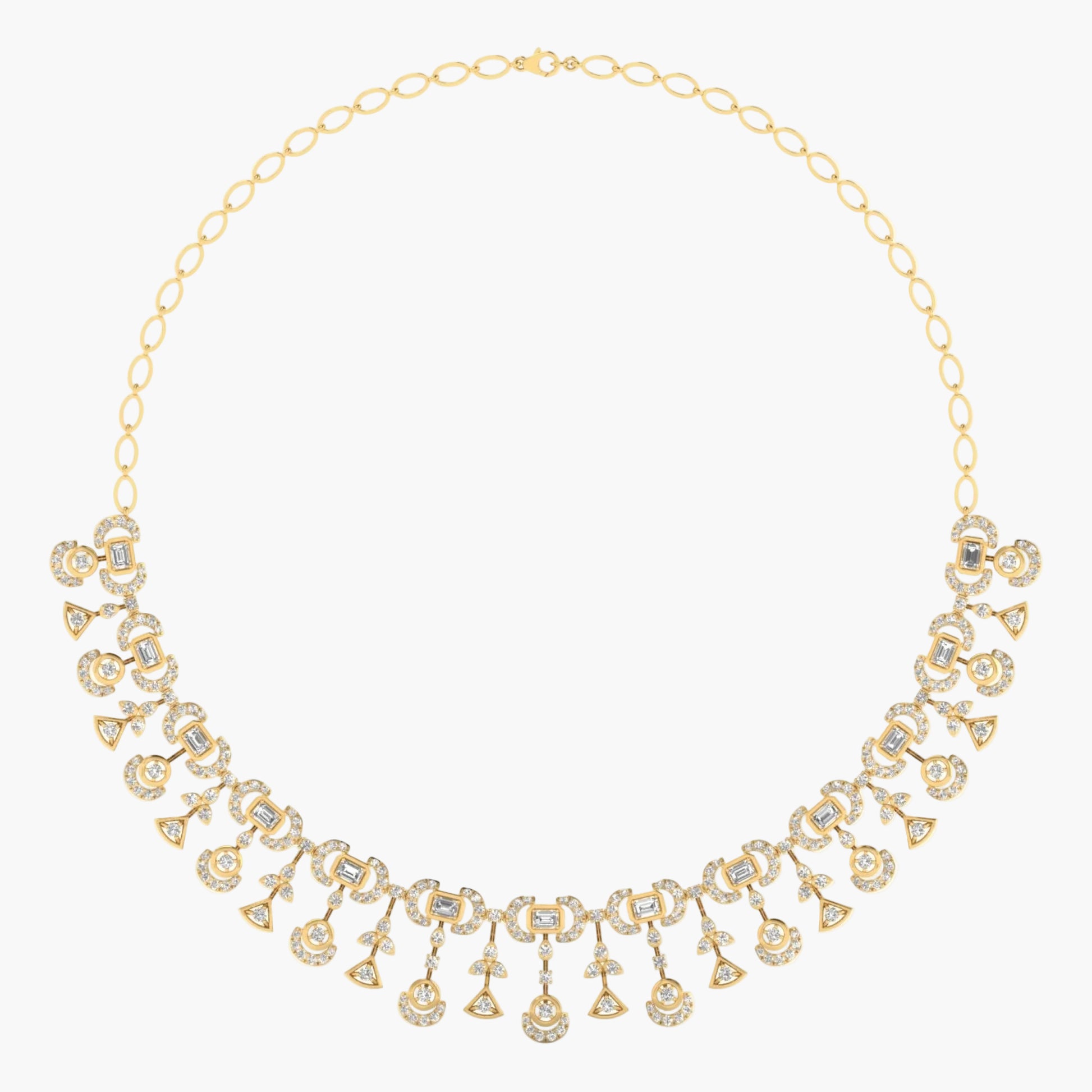 Gold necklace with intricate design on a white background, branded 'Green Lab'.