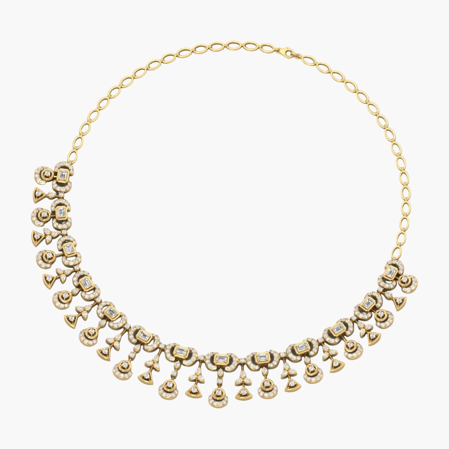 Gold necklace with intricate design on a white background, branded 'Green Lab'.