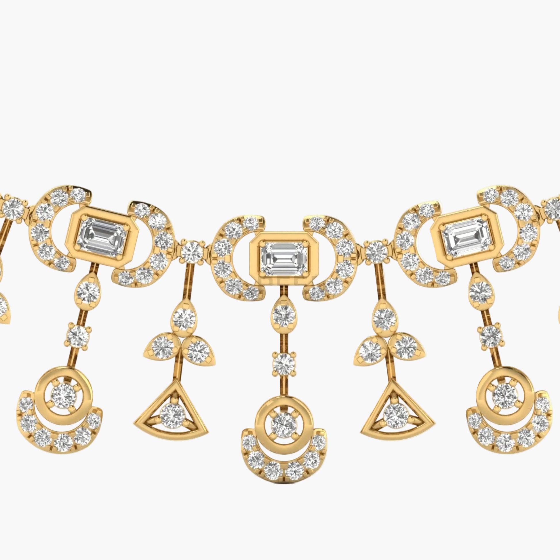 Gold necklace with diamond accents on a white background