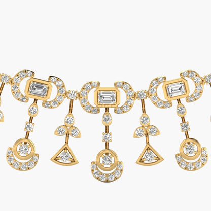 Gold necklace with diamond accents on a white background