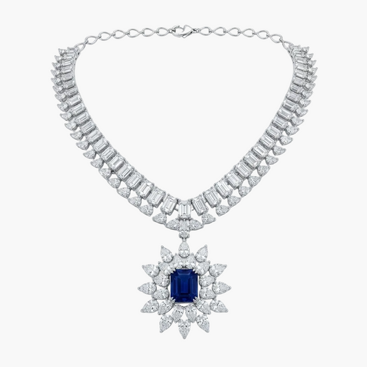 Imperial Baguette Sapphire Starburst Diamond Necklace