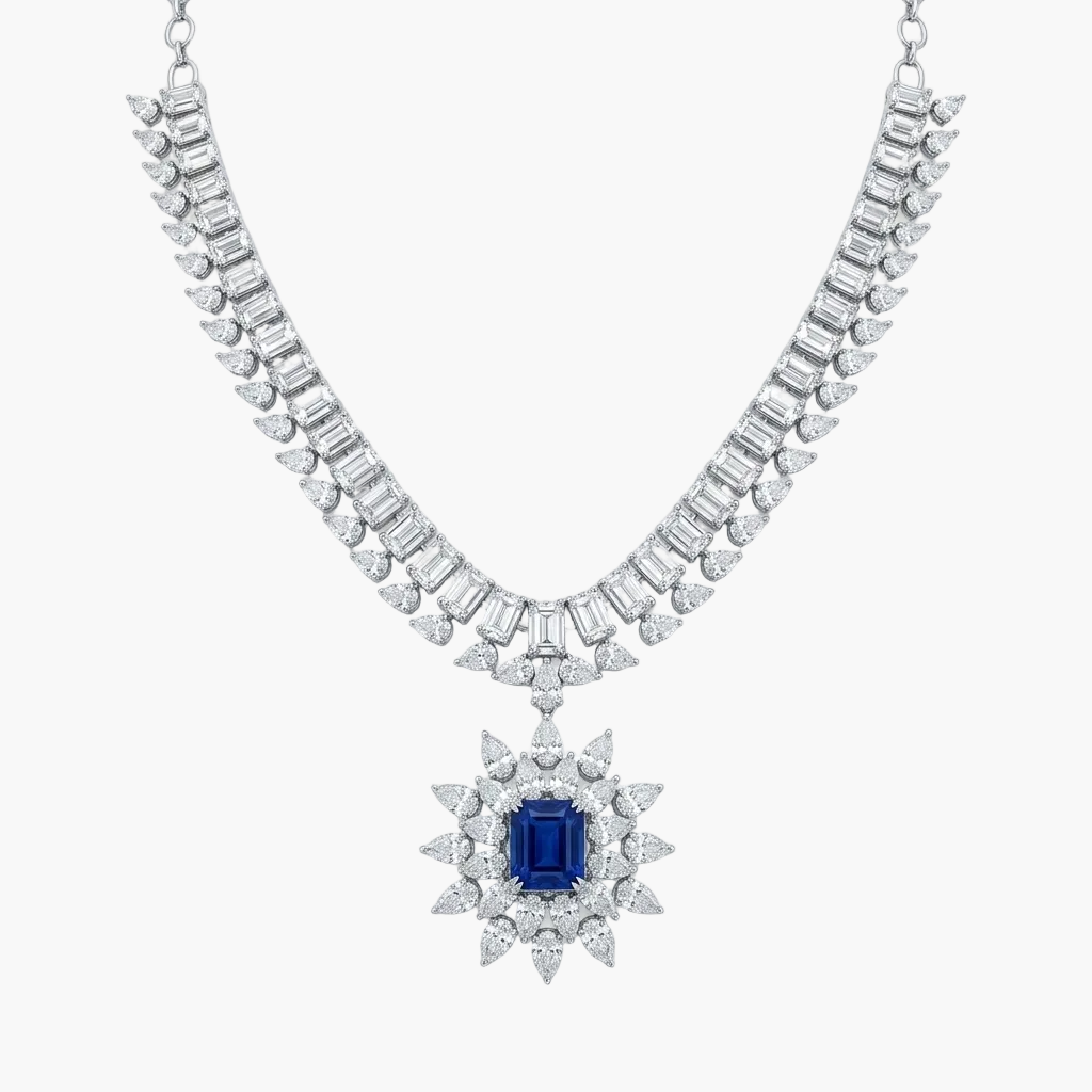 Imperial Baguette Sapphire Starburst Diamond Necklace