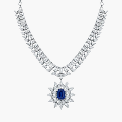 Imperial Baguette Sapphire Starburst Diamond Necklace