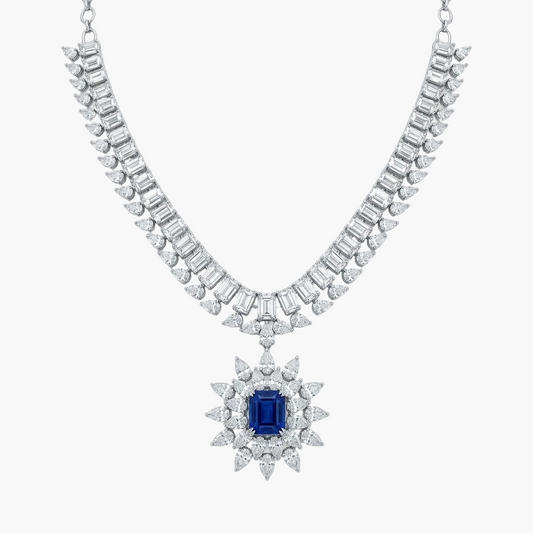 Imperial Baguette Sapphire Starburst Diamond Necklace