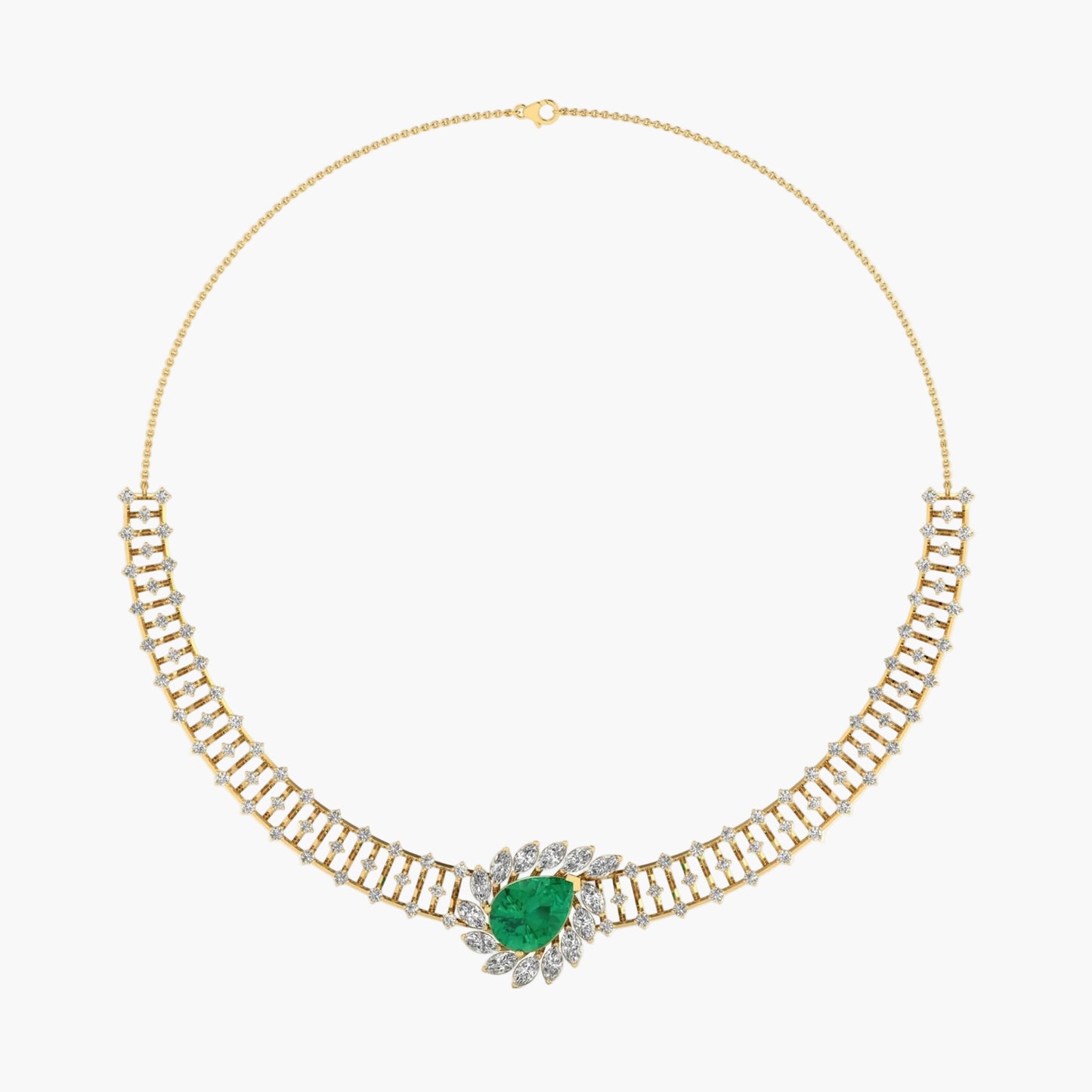 Gold necklace with a green gemstone on a white background, branded 'Green Lab'.