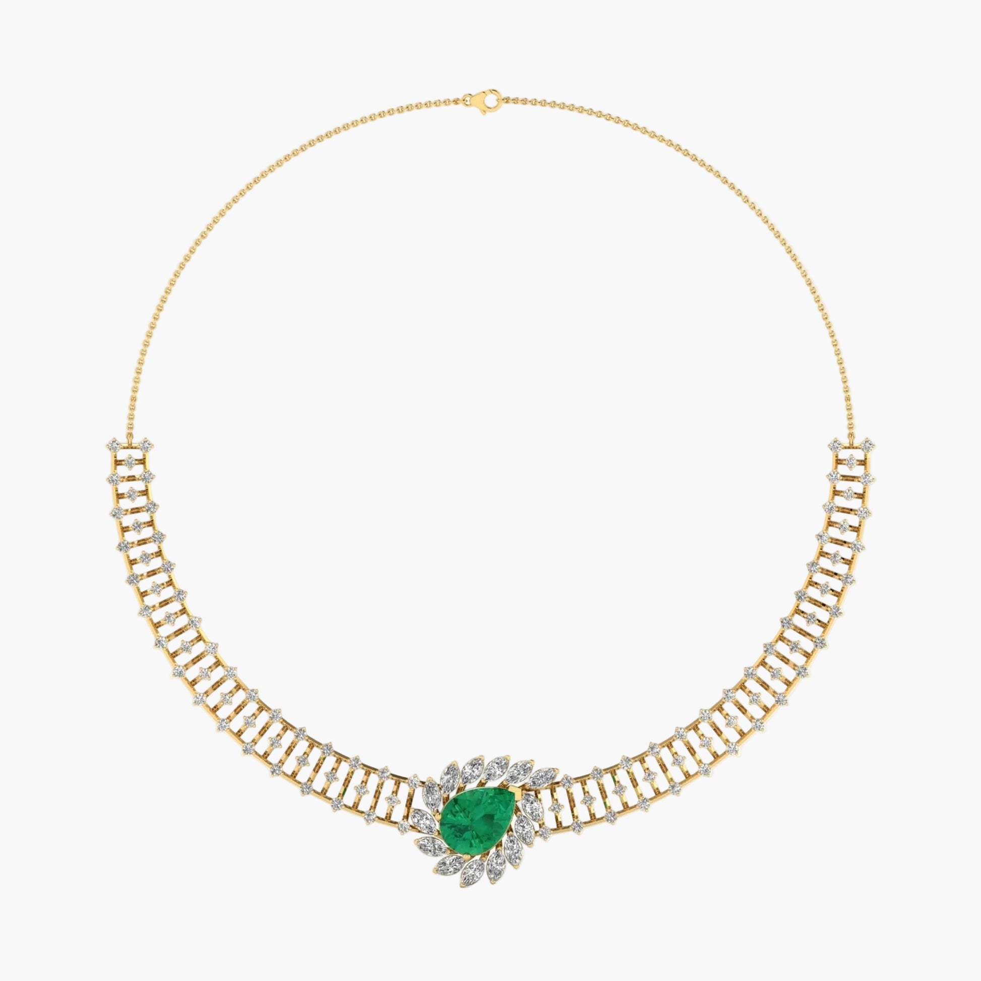 Gold necklace with a green gemstone on a white background, branded 'Green Lab'.