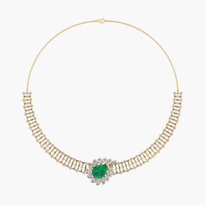 Gold necklace with a green gemstone on a white background, branded 'Green Lab'.