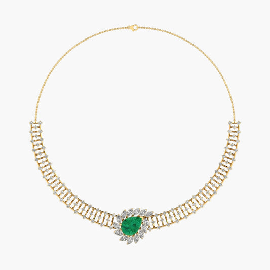 Gold necklace with a green gemstone on a white background, branded 'Green Lab'.