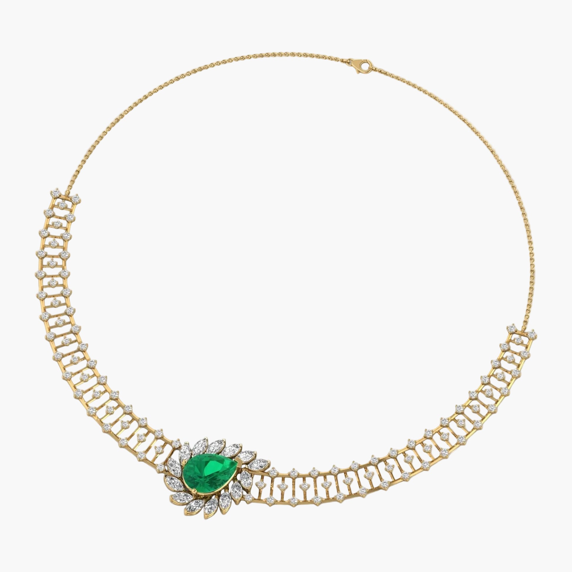 Gold necklace with a green gemstone and diamonds on a white background, branded 'Green Lab'.