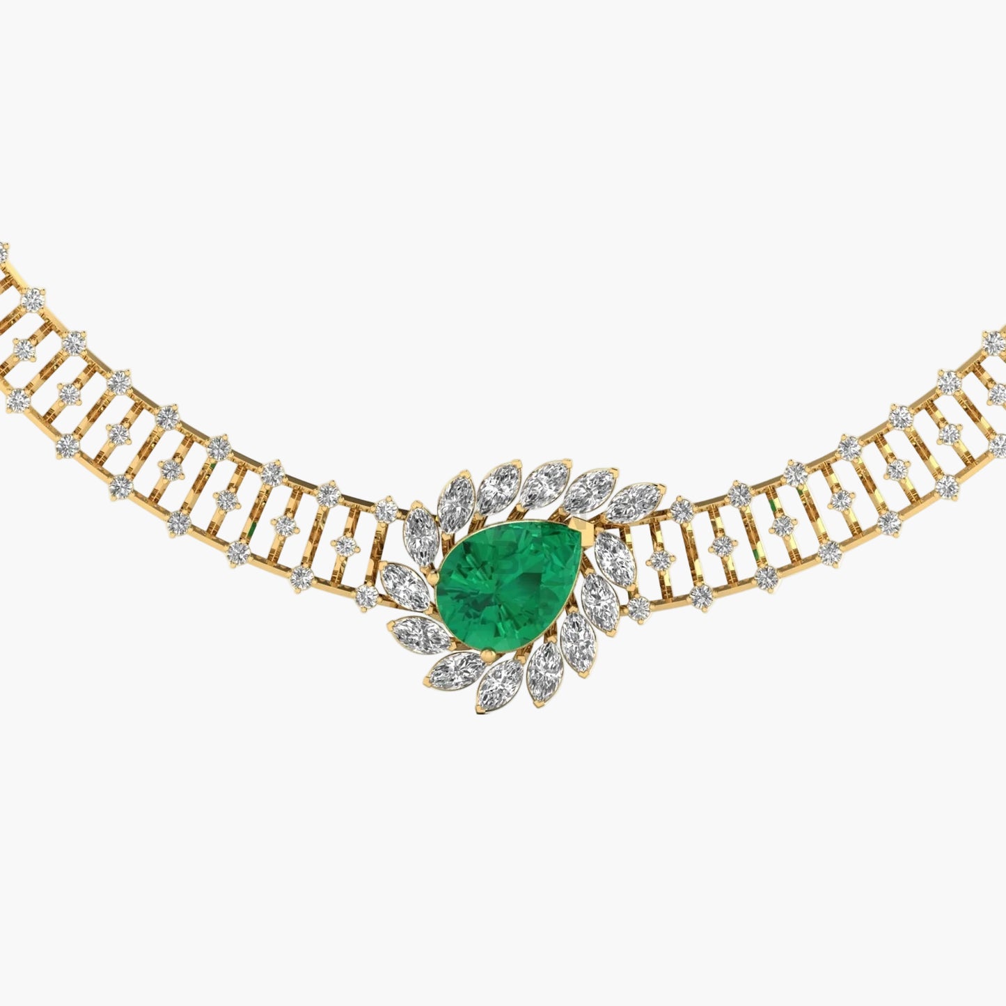 Gold necklace with a green gemstone and diamonds on a white background