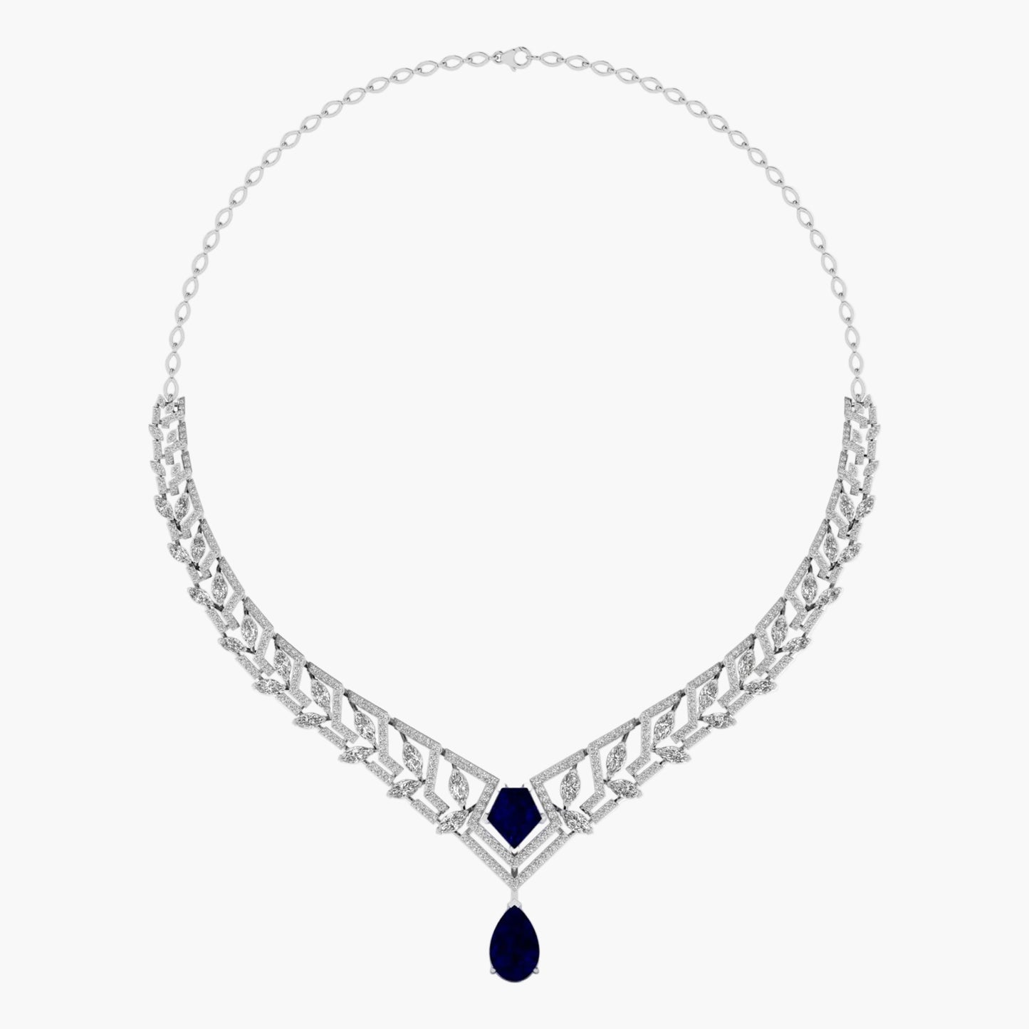 Necklace with blue pendant and silver chain on a white background, branded 'Green Lab'.