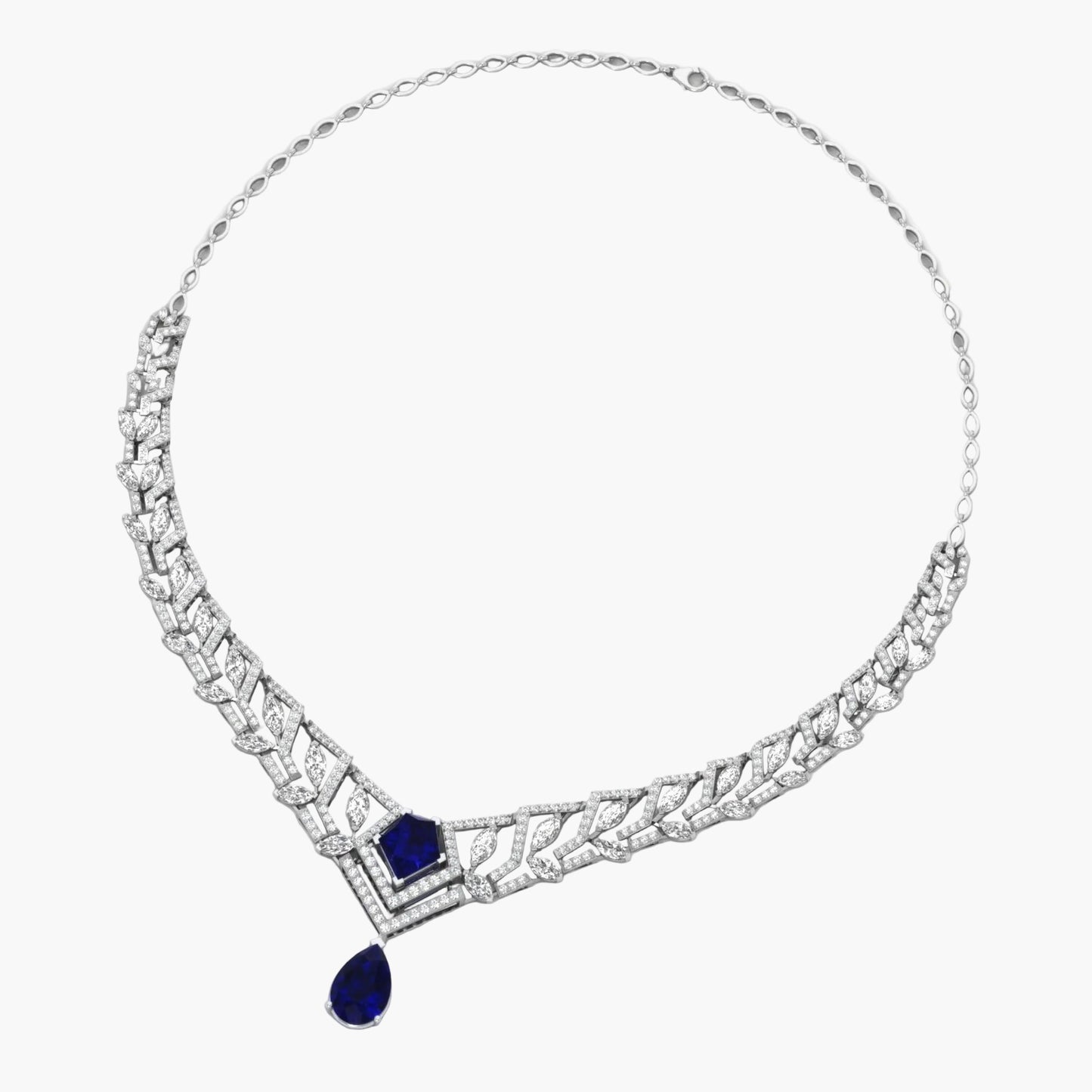 Silver necklace with blue gemstones on a white background, branded 'Green Lab'.