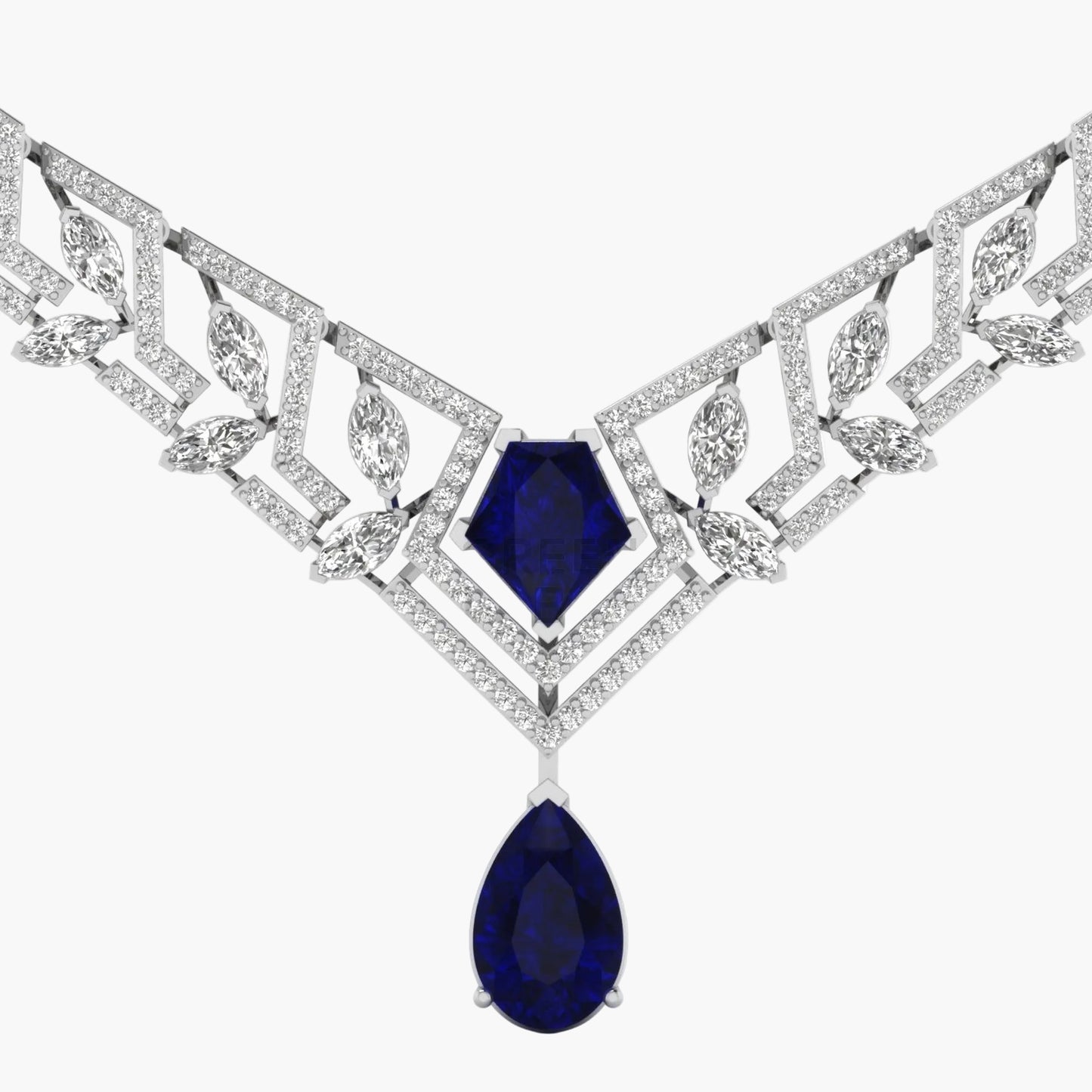 Elegant necklace with blue gemstones and diamond accents on a white background