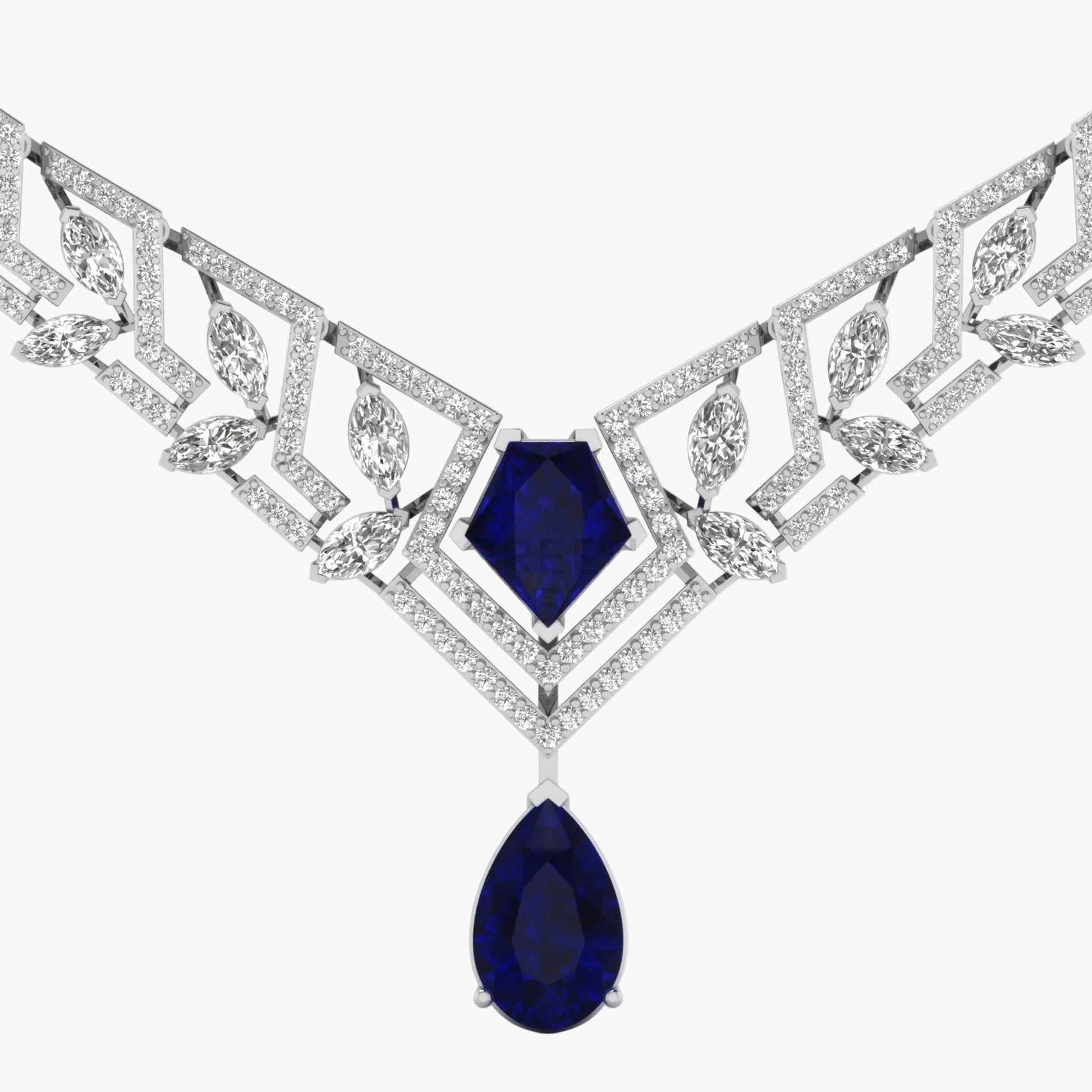 Elegant necklace with blue gemstones and diamond accents on a white background