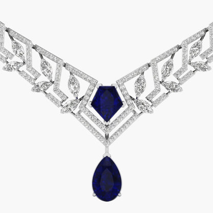 Elegant necklace with blue gemstones and diamond accents on a white background